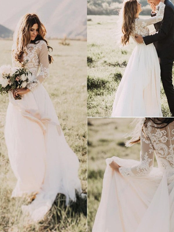 Wholesale A-Line/Princess Applique Tulle Scoop Long Sleeves Sweep/Brush Train Wedding Dresses